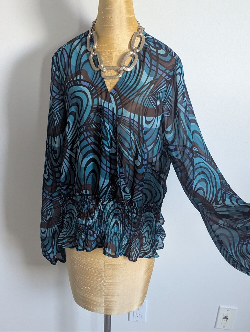 Bisou Bisou Teal and Black Swirl Sheer Blouse Size XL